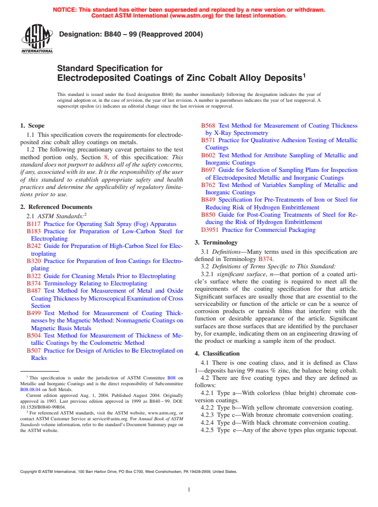 ASTM B840-99(2004) - Standard Specification for Electrodeposited Coatings for Zinc Cobalt Alloy Deposits