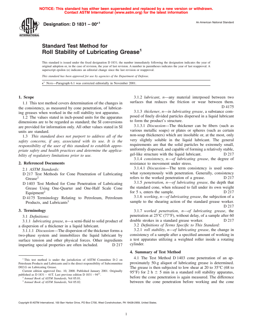 ASTM D1831-00e1 - Standard Test Method for Roll Stability of Lubricating Grease