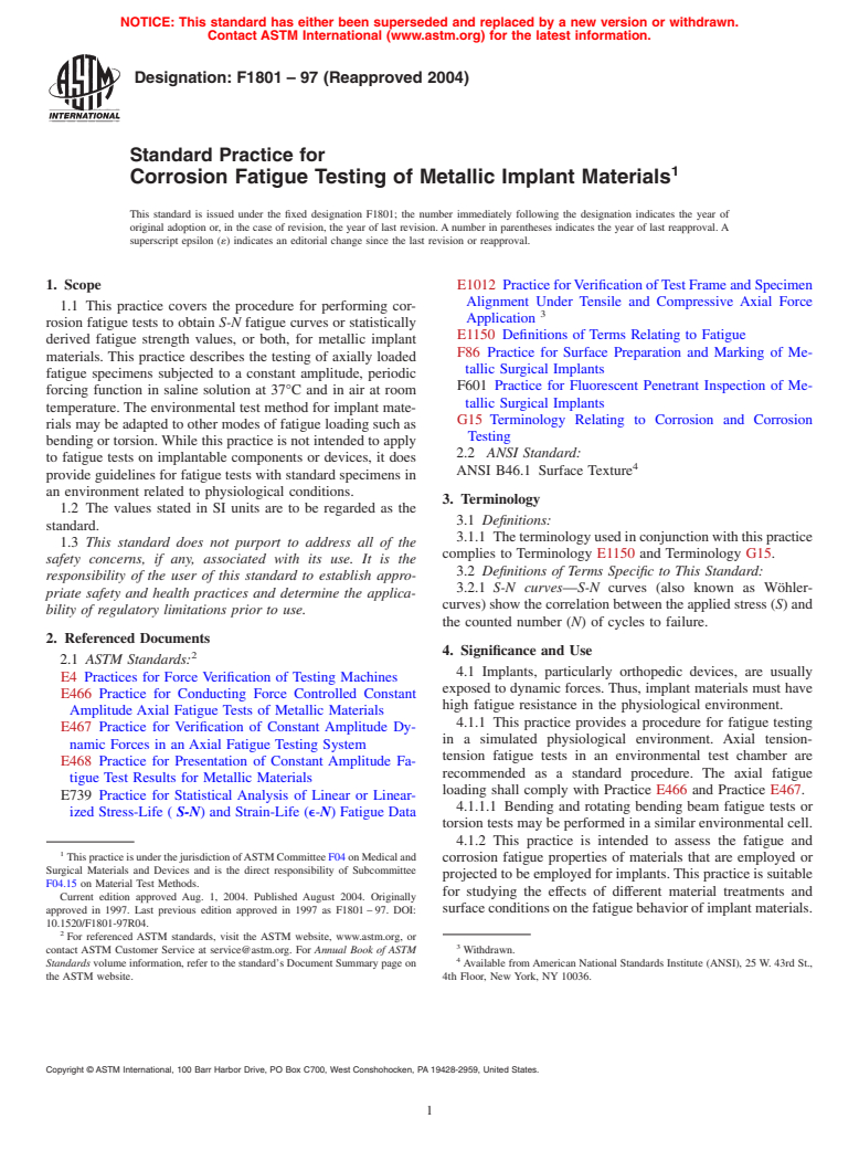 ASTM F1801-97(2004) - Standard Practice for Corrosion Fatigue Testing of Metallic Implant Materials