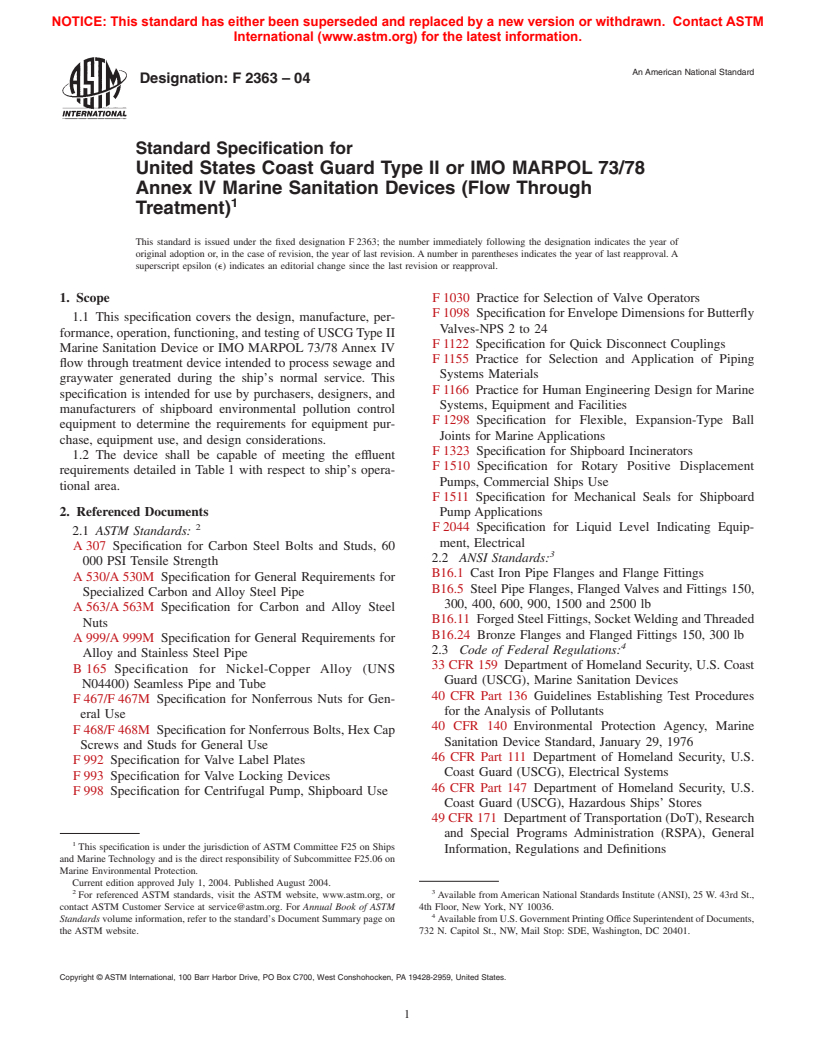 ASTM F2363-04 - Standard Specification for United States Coast Guard Type II or IMO MARPOL 73/78 Annex IV Marine Sanitation Devices (Flow Through Treatment)