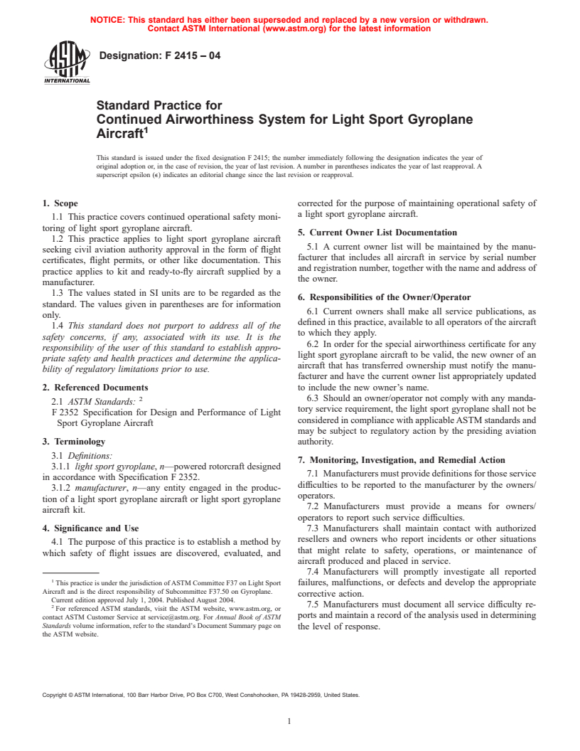 ASTM F2415-04 - Standard Practice for Continued Airworthiness System for Light Sport Gyroplane Aircraft