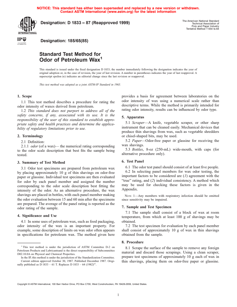 ASTM D1833-87(1999) - Standard Test Method for Odor of Petroleum Wax