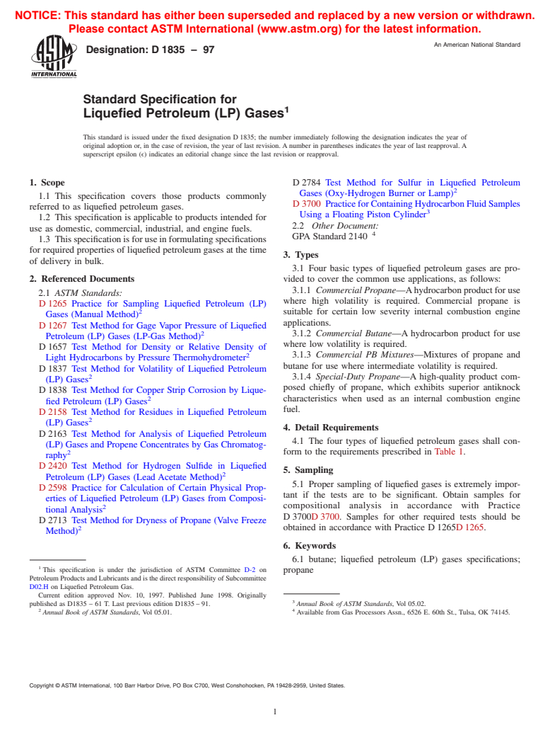 ASTM D1835-97 - Standard Specification for Liquefied Petroleum (LP) Gases