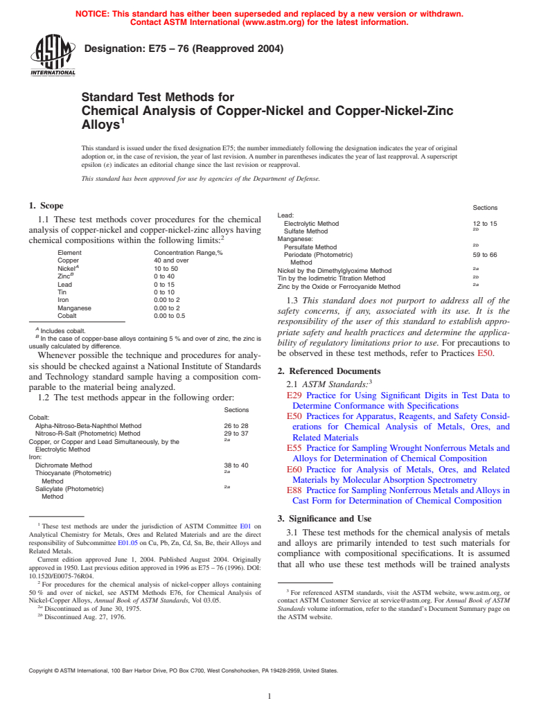 ASTM E75-76(2004) - Standard Test Methods for Chemical Analysis of Copper-Nickel and Copper-Nickel-Zinc Alloys (Withdrawn 2010)