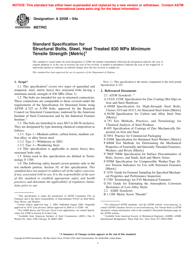 ASTM A325M-04a - Standard Specification for Structural Bolts, Steel, Heat Treated 830 MPa Minimum Tensile Strength [Metric]