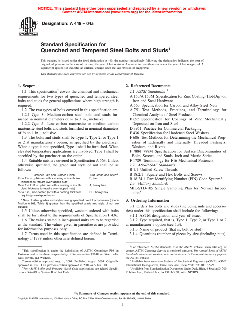 ASTM A449-04a - Standard Specification for Quenched and Tempered Steel Bolts and Studs