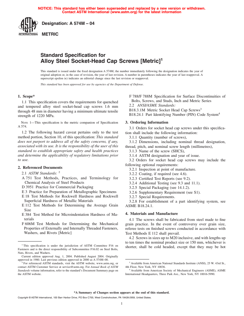 ASTM A574M-04 - Standard Specification for Alloy Steel Socket-Head Cap Screws [Metric]