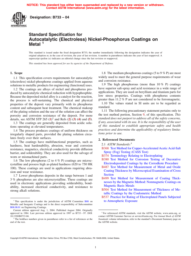 ASTM B733-04 - Standard Specification for Autocatalytic (Electroless) Nickel-Phosphorus Coatings on Metal