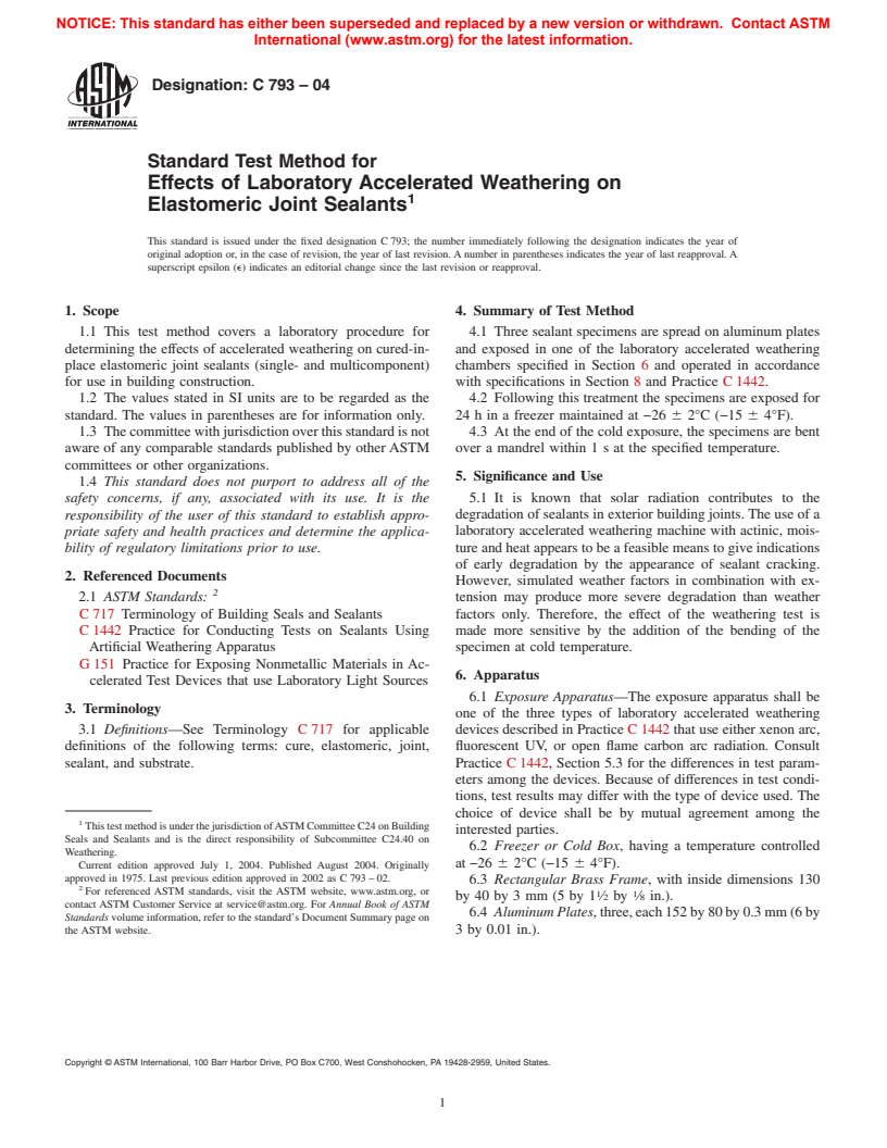 ASTM C793-04 - Standard Test Method for Effects of Accelerated Weathering on Elastomeric Joint Sealants