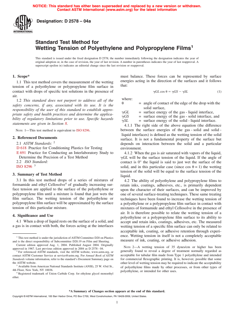 ASTM D2578-04a - Standard Test Method for Wetting Tension of Polyethylene and Polypropylene Films