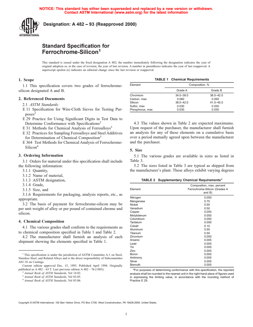 ASTM A482-93(2000) - Standard Specification for Ferrochrome-Silicon