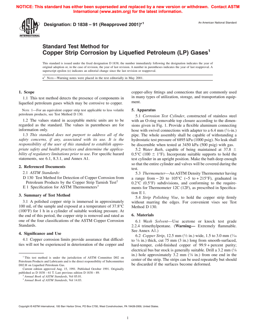 ASTM D1838-91(2001)e1 - Standard Test Method for Copper Strip Corrosion by Liquefied Petroleum (LP) Gases