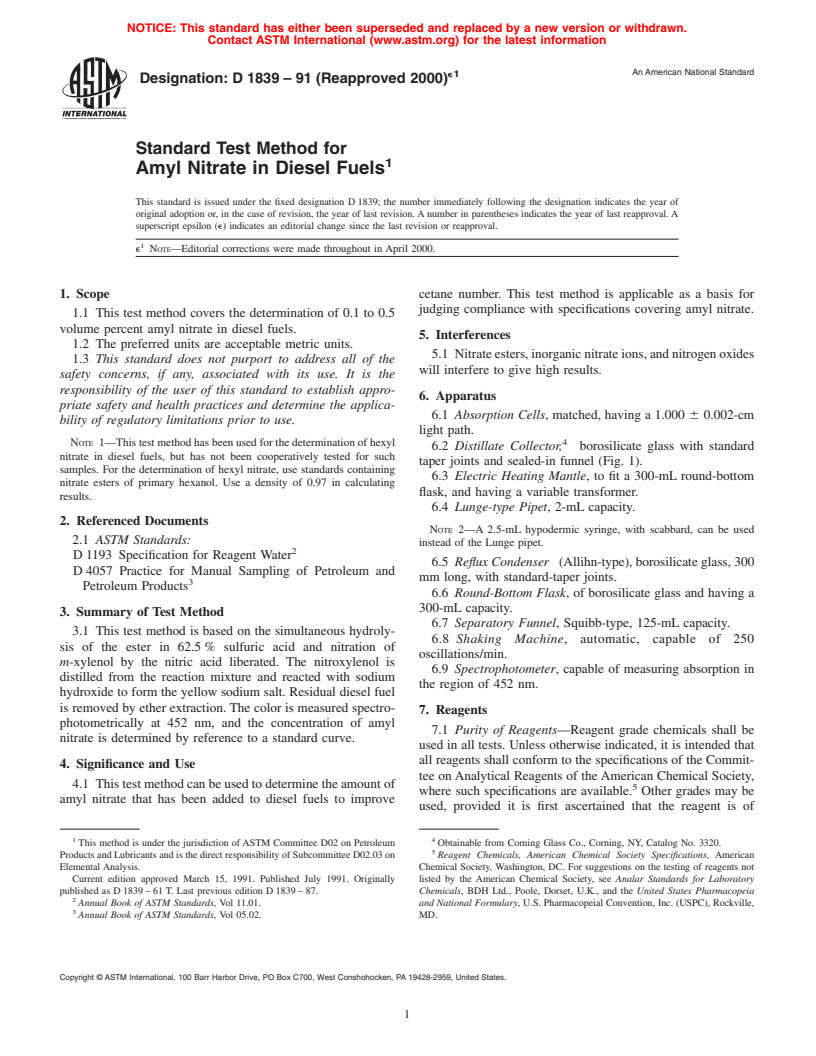 ASTM D1839-91(2000)e1 - Standard Test Method for Amyl Nitrate in Diesel Fuels