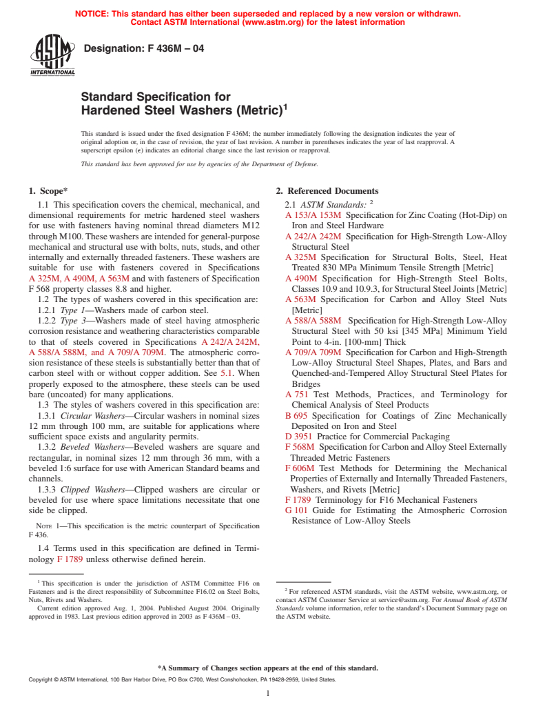 ASTM F436M-04 - Standard Specification for Hardened Steel Washers [Metric]