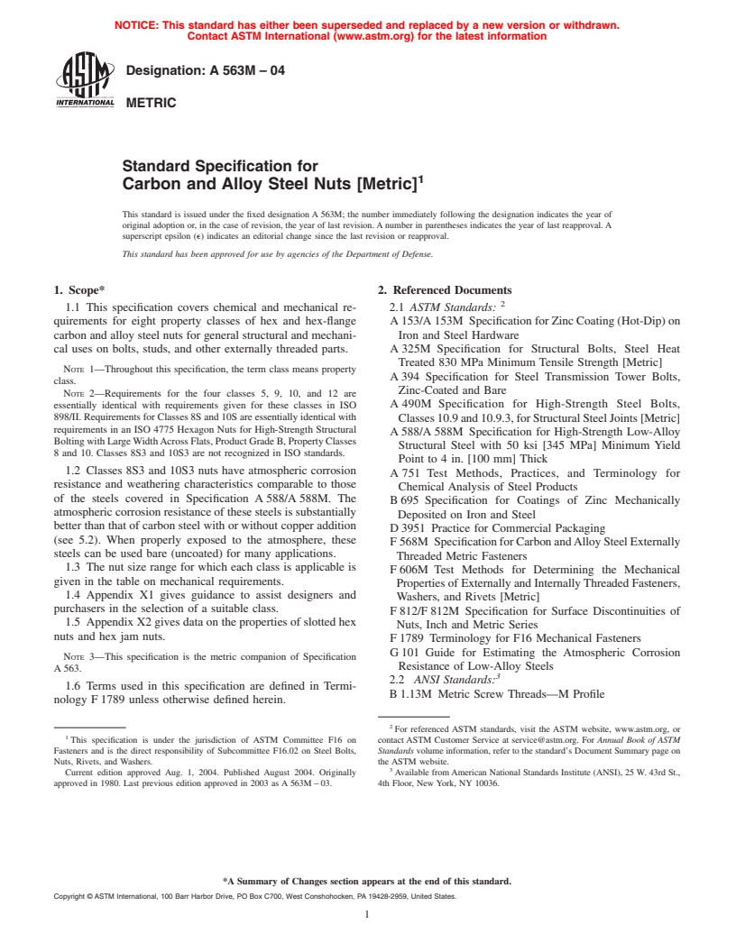 ASTM A563M-04 - Standard Specification for Carbon and Alloy Steel Nuts [Metric]