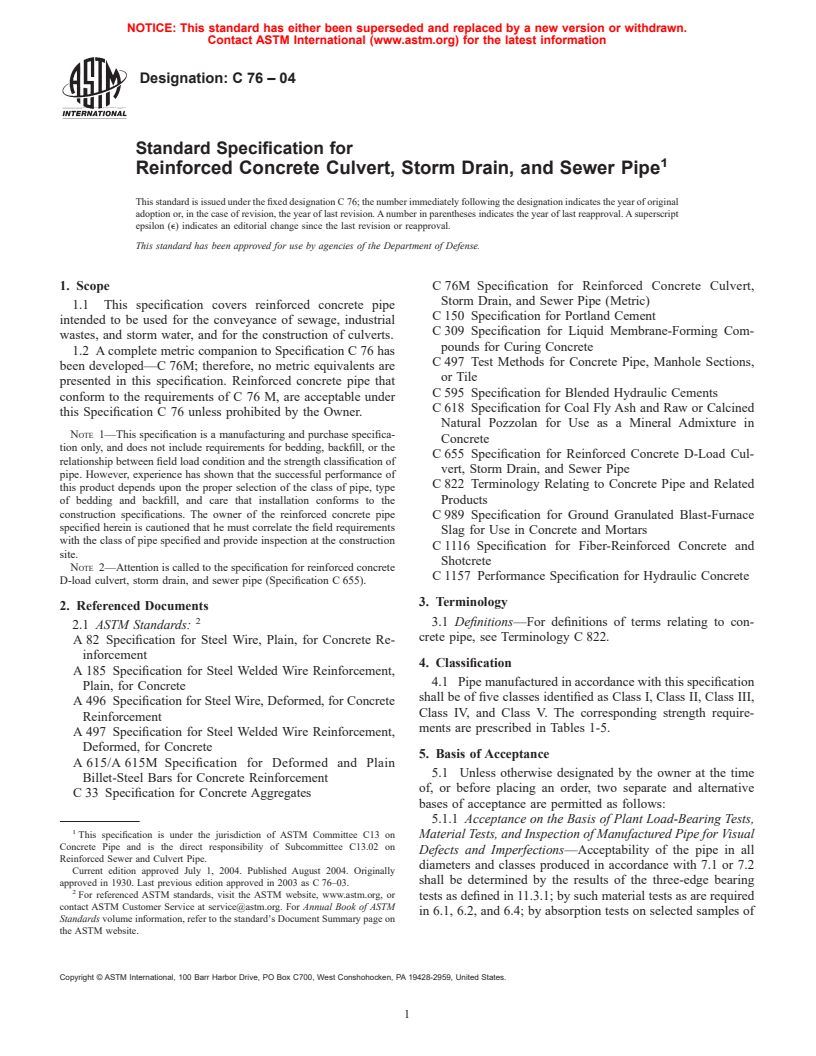 ASTM C76-04 - Standard Specification for Reinforced Concrete Culvert, Storm Drain, and Sewer Pipe
