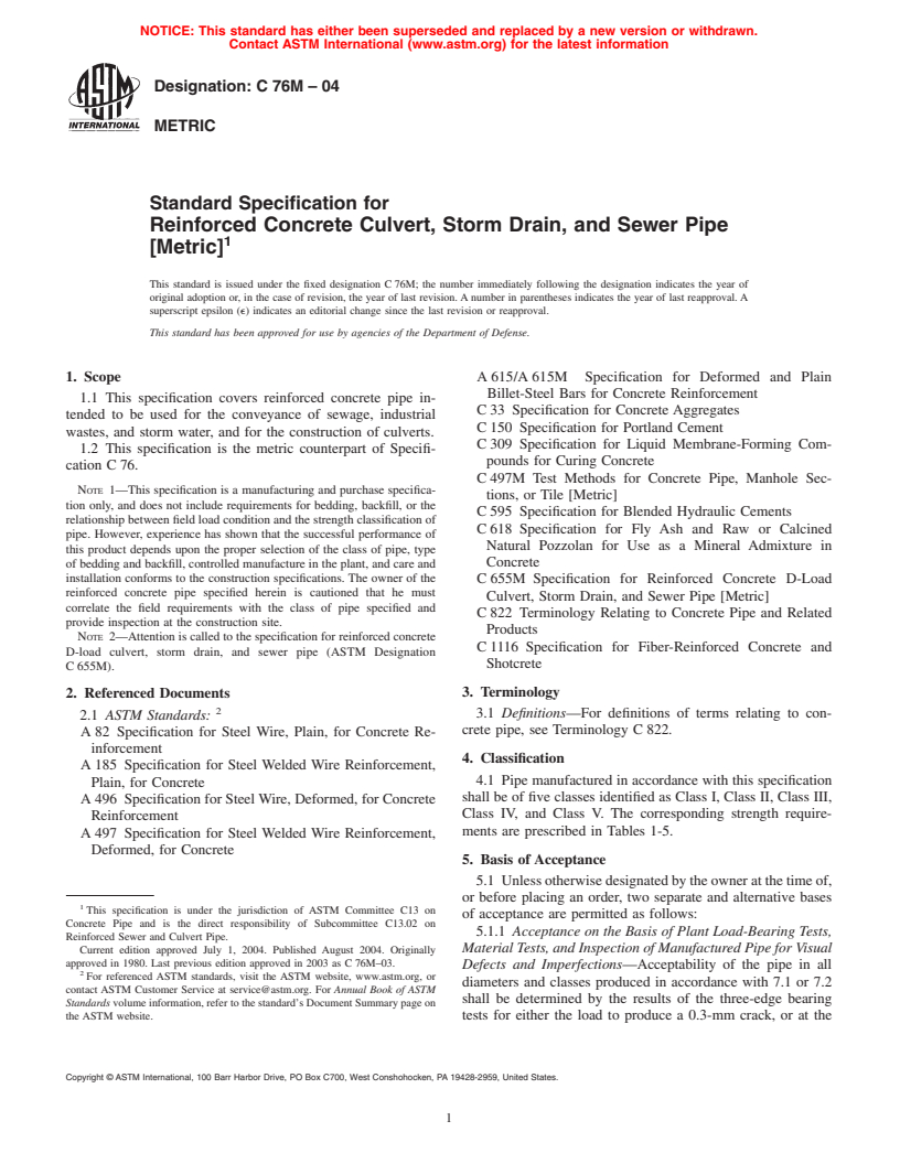 ASTM C76M-04 - Standard Specification for Reinforced Concrete Culvert, Storm Drain, and Sewer Pipe (Metric)