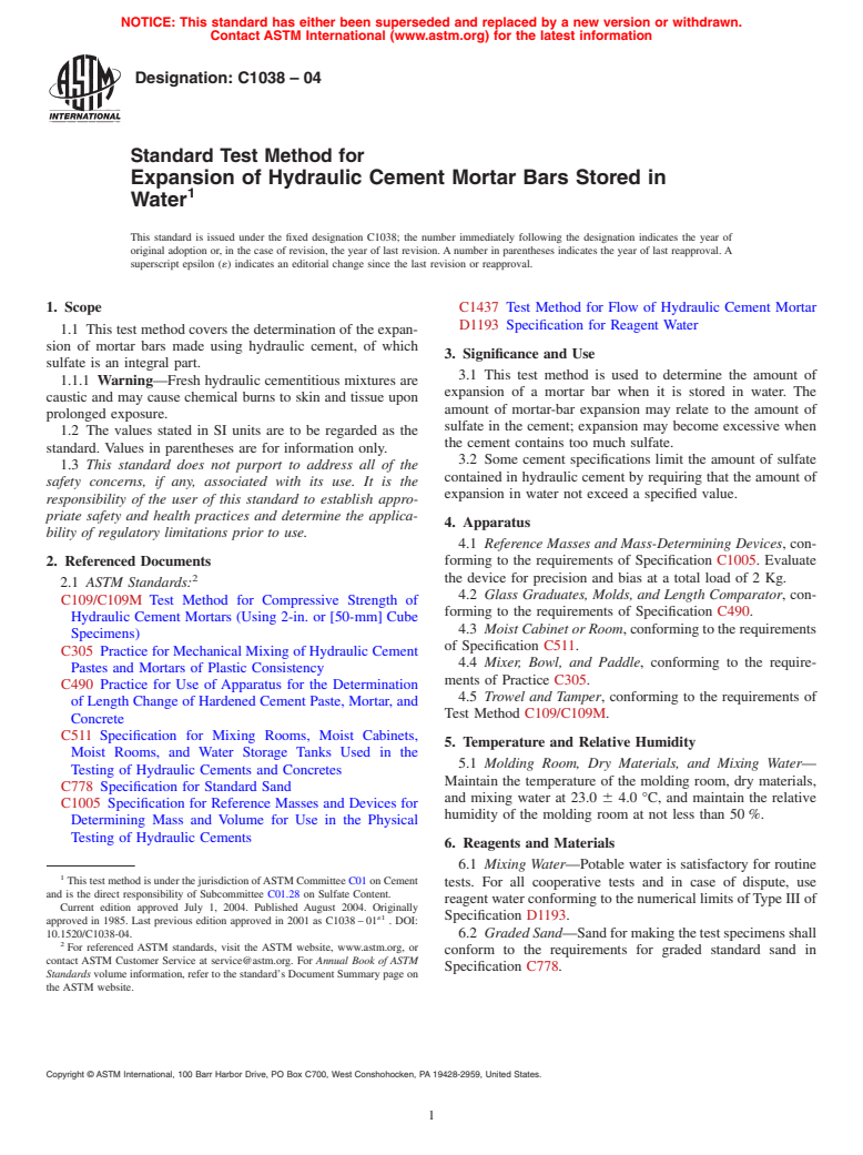 ASTM C1038-04 - Standard Test Method for Expansion of Hydraulic Cement Mortar Bars Stored in Water