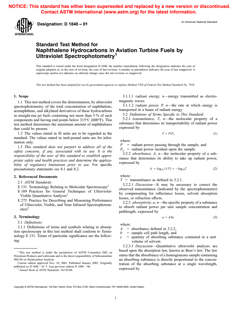 ASTM D1840-01 - Standard Test Method for Naphthalene Hydrocarbons in Aviation Turbine Fuels by Ultraviolet Spectrophotometry