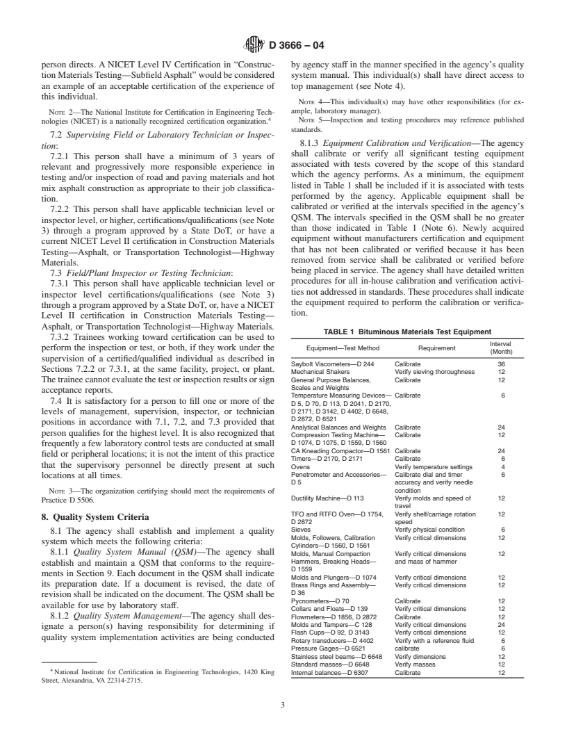 ASTM D3666-04 - Standard Specification for Minimum Requirements for Agencies Testing and Inspecting Road and Paving Materials