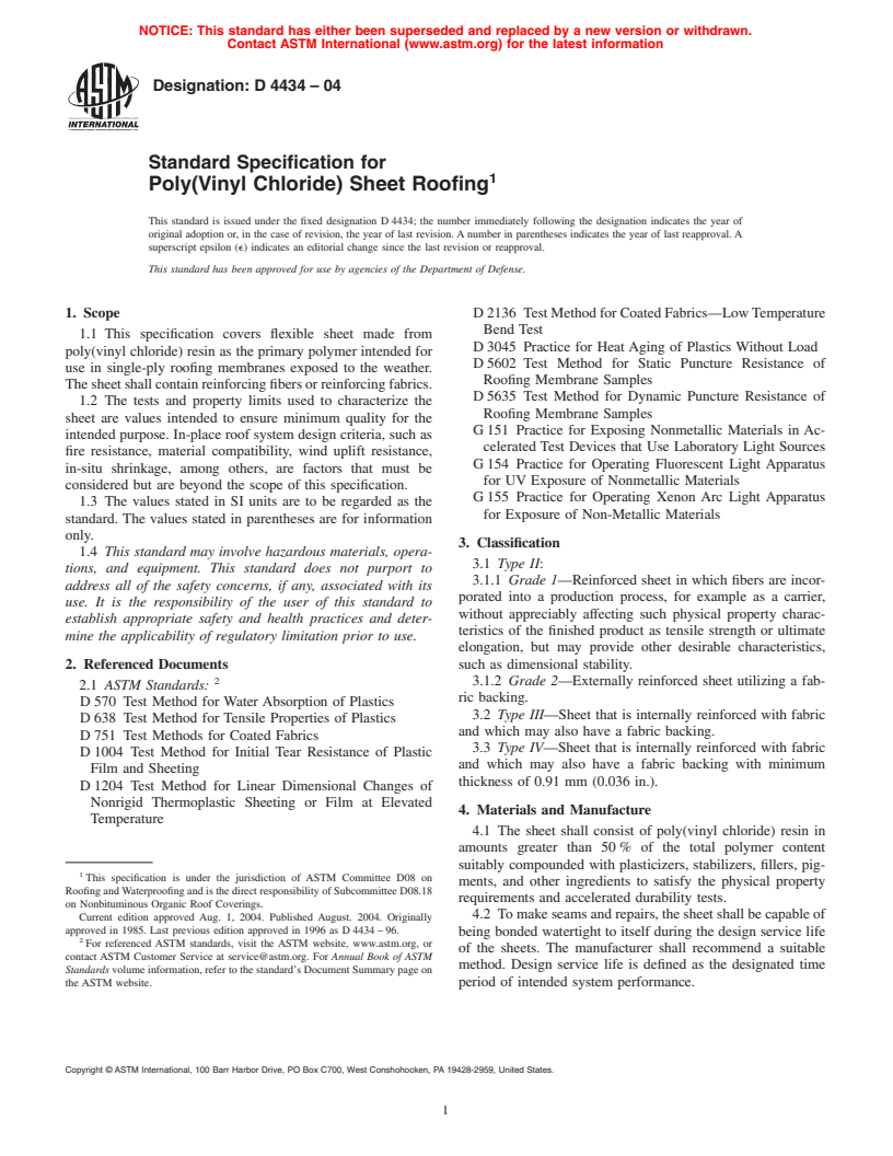 ASTM D4434-04 - Standard Specification for Poly(Vinyl Chloride) Sheet Roofing