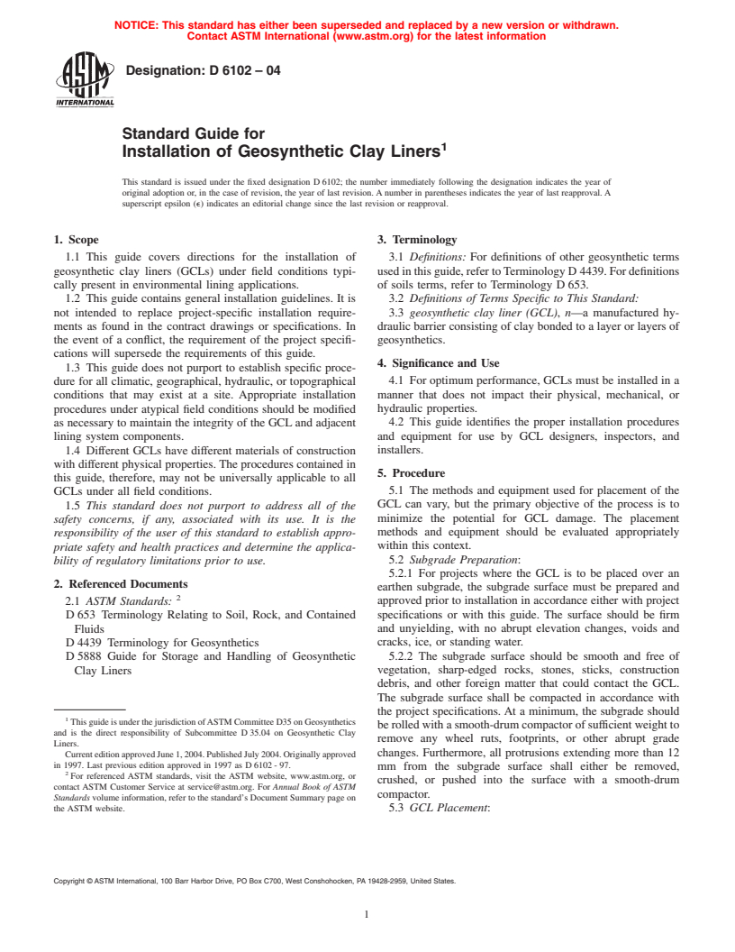 ASTM D6102-04 - Standard Guide for Installation of Geosynthetic Clay Liners