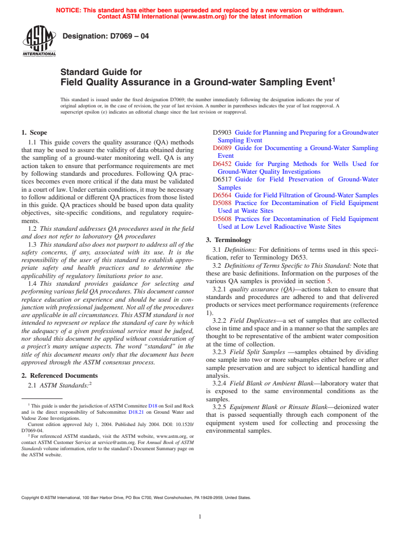 ASTM D7069-04 - Standard Guide for Field Quality Assurance in a Ground-water Sampling Event