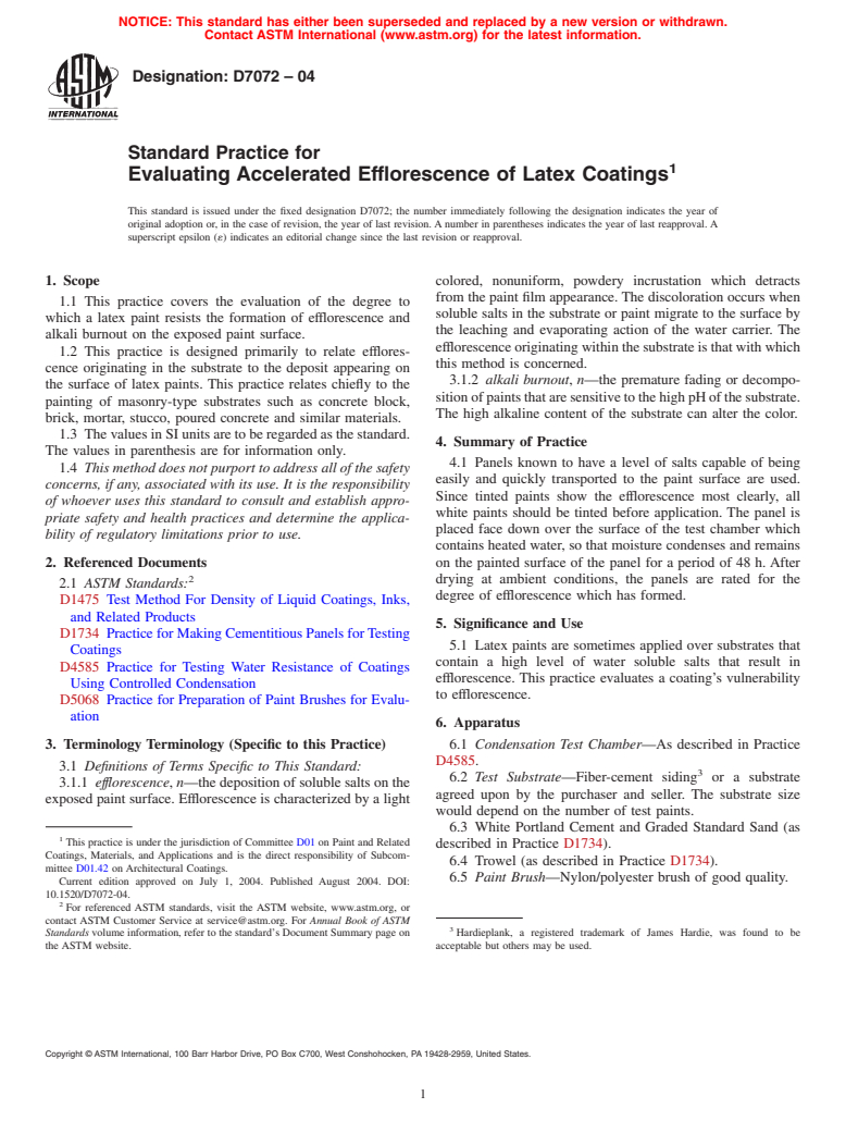 ASTM D7072-04 - Standard Practice for Evaluating Accelerated Efflorescence of Latex Coatings
