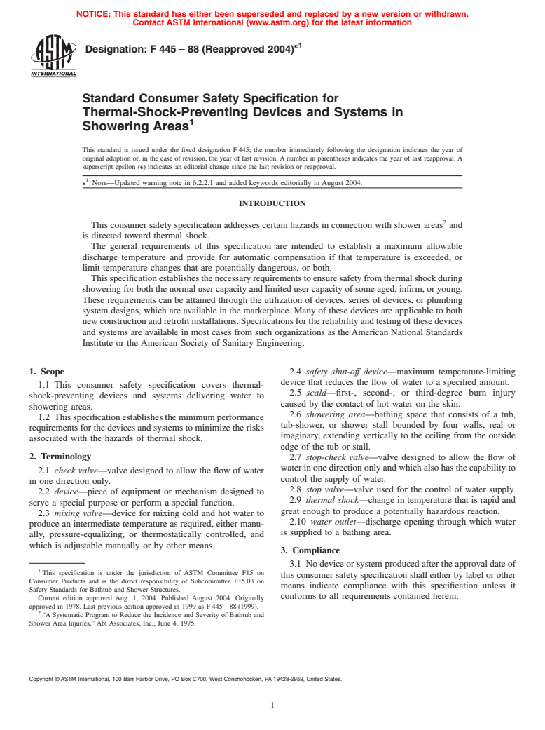 ASTM F445-88(2004)e1 - Consumer Safety Specification for Thermal-Shock-Preventing Devices and Systems in Showering Areas