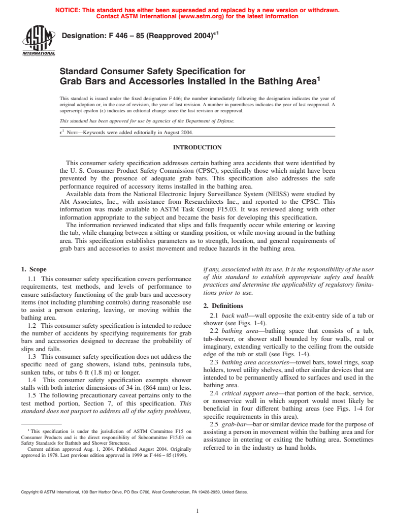 ASTM F446-85(2004)e1 - Standard Consumer Safety Specification for Grab Bars and Accessories Installed in the Bathing Area