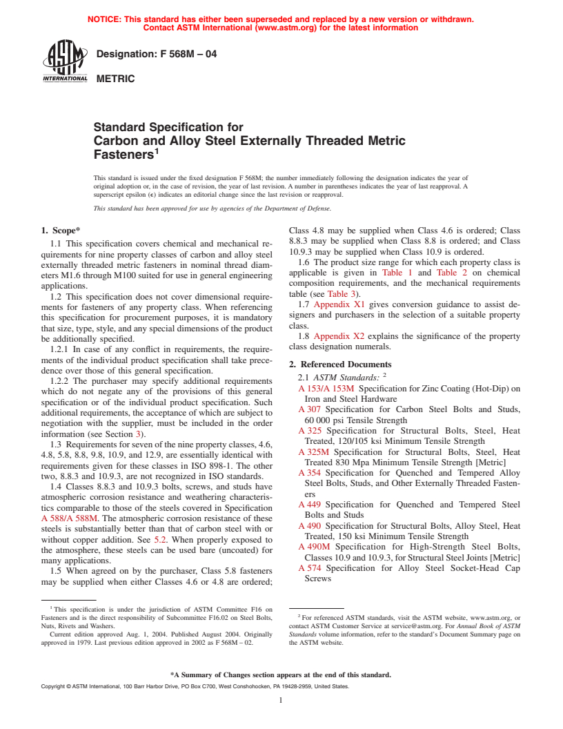 ASTM F568M-04 - Standard Specification for Carbon and Alloy Steel Externally Threaded Metric Fasteners
