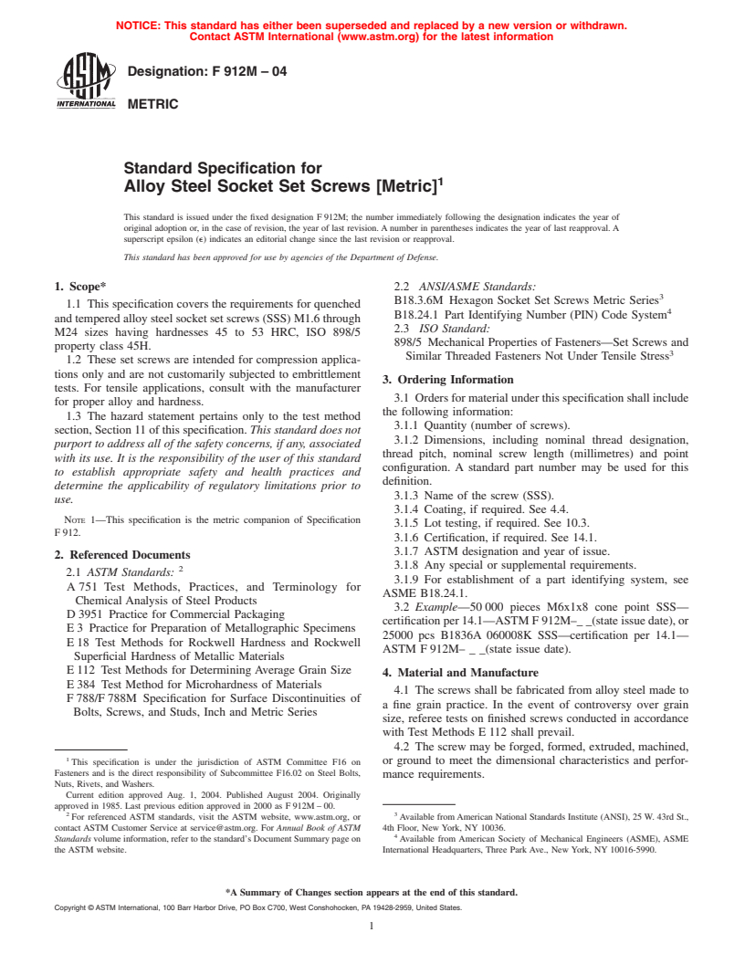 ASTM F912M-04 - Standard Specification for Alloy Steel Socket Set Screws [Metric]