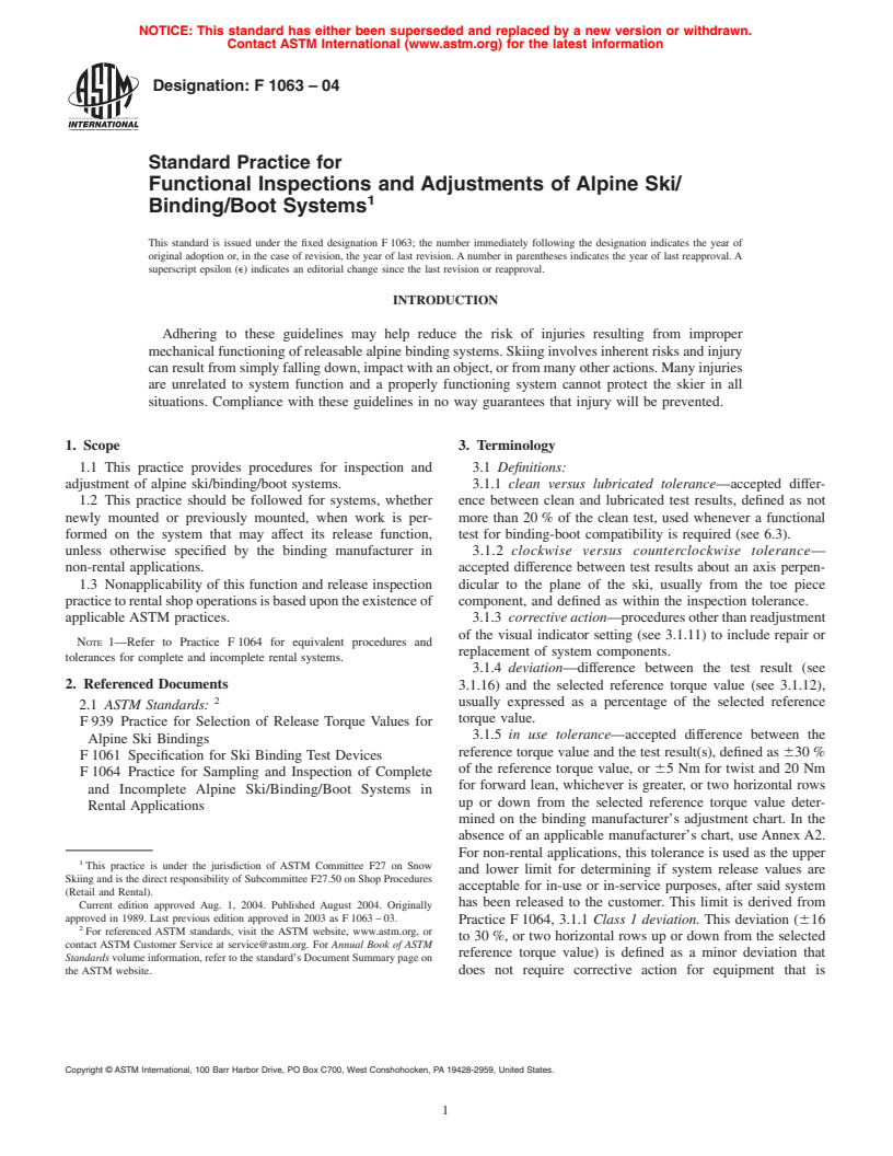 ASTM F1063-04 - Standard Practice for Functional Inspections and Adjustments of Alpine Ski/Binding/Boot Systems