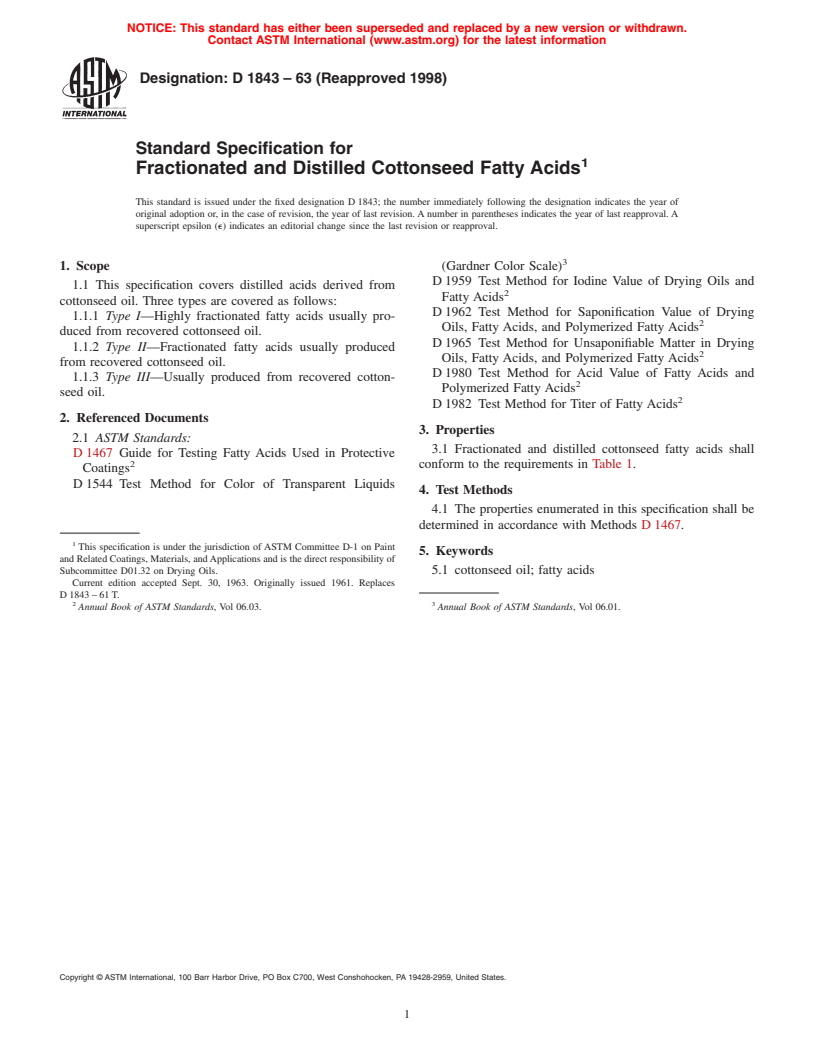 ASTM D1843-63(1998) - Standard Specification for Fractionated and Distilled Cottonseed Fatty Acids (Withdrawn 2007)