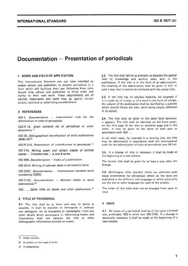 ISO 8:1977 - Documentation -- Presentation of periodicals