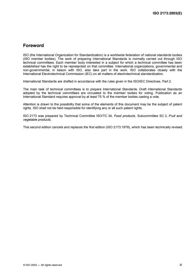 ISO 2173:2003 - Fruit and vegetable products -- Determination of soluble solids -- Refractometric method