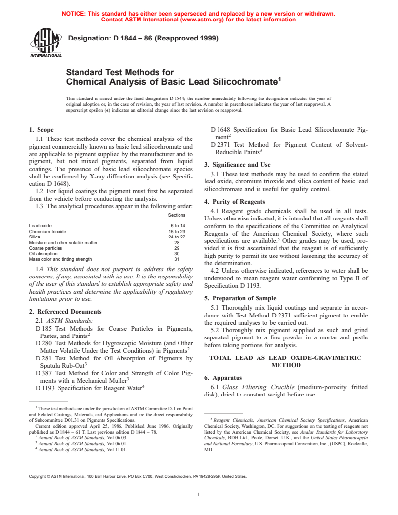ASTM D1844-86(1999) - Standard Test Methods for Chemical Analysis of Basic Lead Silicochromate
