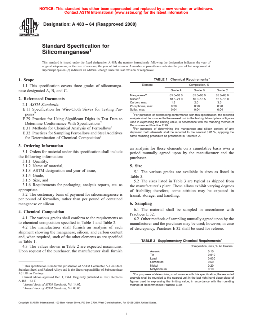 ASTM A483-64(2000) - Standard Specification for Silicomanganese