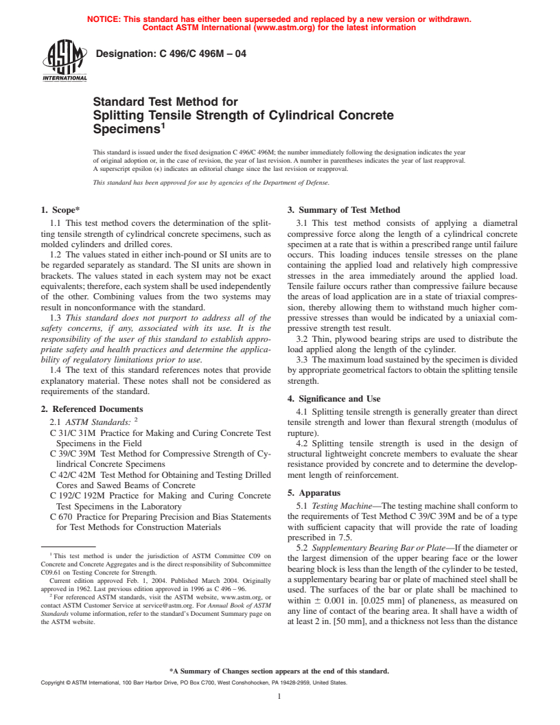 ASTM C496/C496M-04 - Standard Test Method for Splitting Tensile Strength of Cylindrical Concrete Specimens