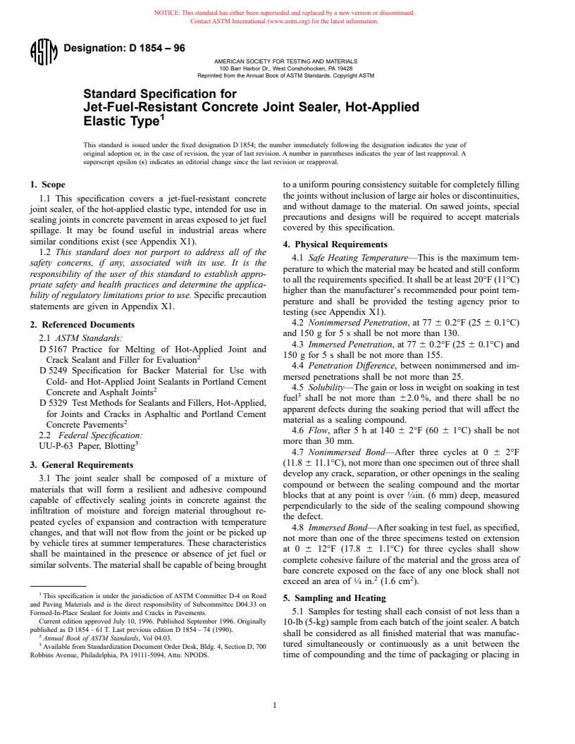 ASTM D1854-96 - Standard Specification for Jet-Fuel-Resistant Concrete Joint Sealer, Hot-Applied Elastic Type