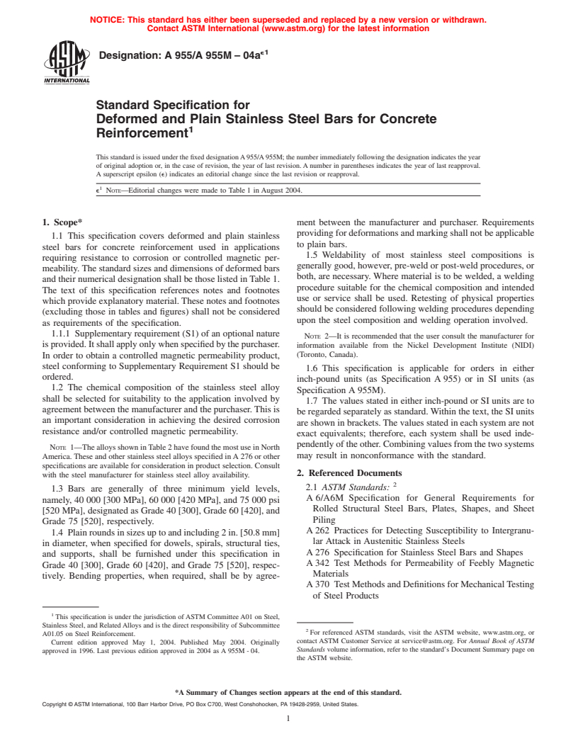 ASTM A955/A955M-04ae1 - Standard Specification for Deformed and Plain Stainless Steel Bars for Concrete Reinforcement