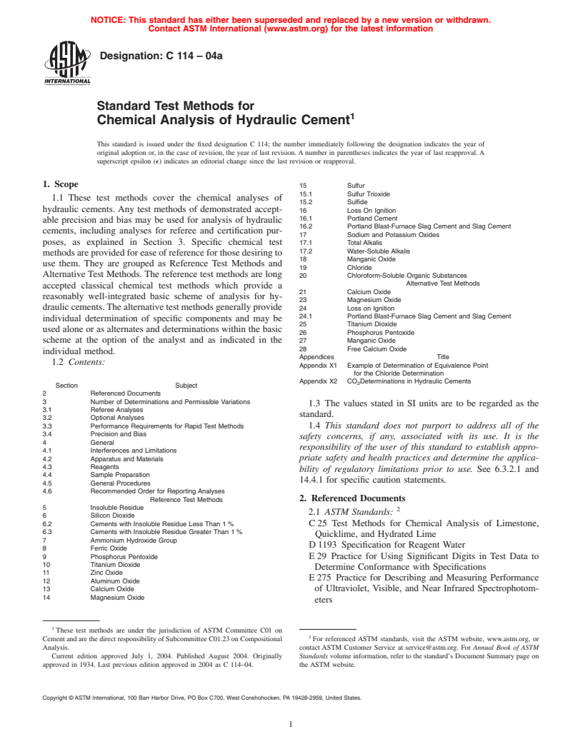 ASTM C114-04a - Standard Test Methods for Chemical Analysis of Hydraulic Cement