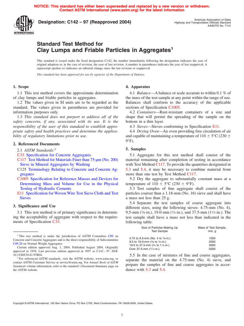 ASTM C142-97(2004) - Standard Test Method for Clay Lumps and Friable Particles in Aggregates