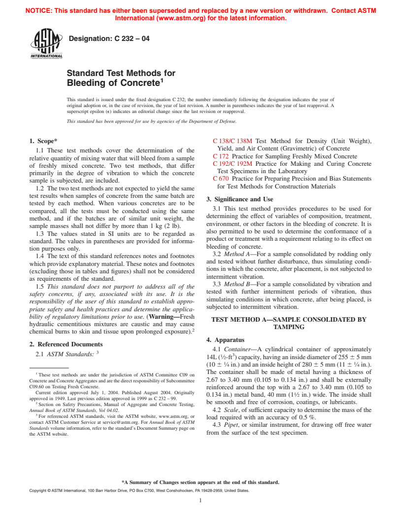 ASTM C232-04 - Standard Test Methods for Bleeding of Concrete