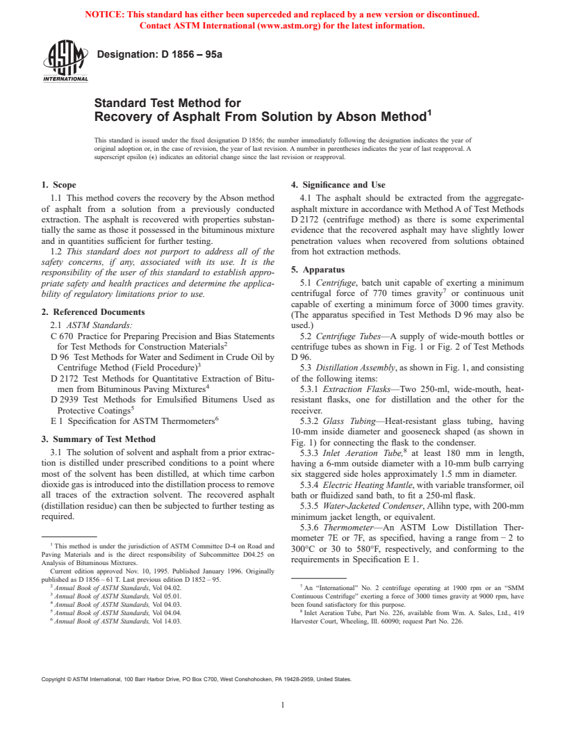 ASTM D1856-95a - Standard Test Method for Recovery of Asphalt From Solution by Abson Method