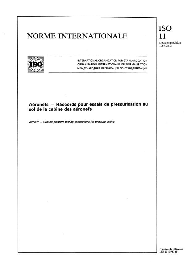 ISO 11:1987 - Aéronefs -- Raccords pour essais de pressurisation au sol de la cabine des aéronefs