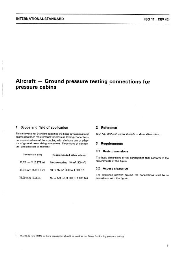 ISO 11:1987 - Aircraft -- Ground pressure testing connections for pressure cabins