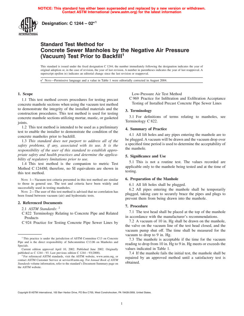 ASTM C1244-02e1 - Standard Test Method for Concrete Sewer Manholes by the Negative Air Pressure (Vacuum) Test Prior to Backfill