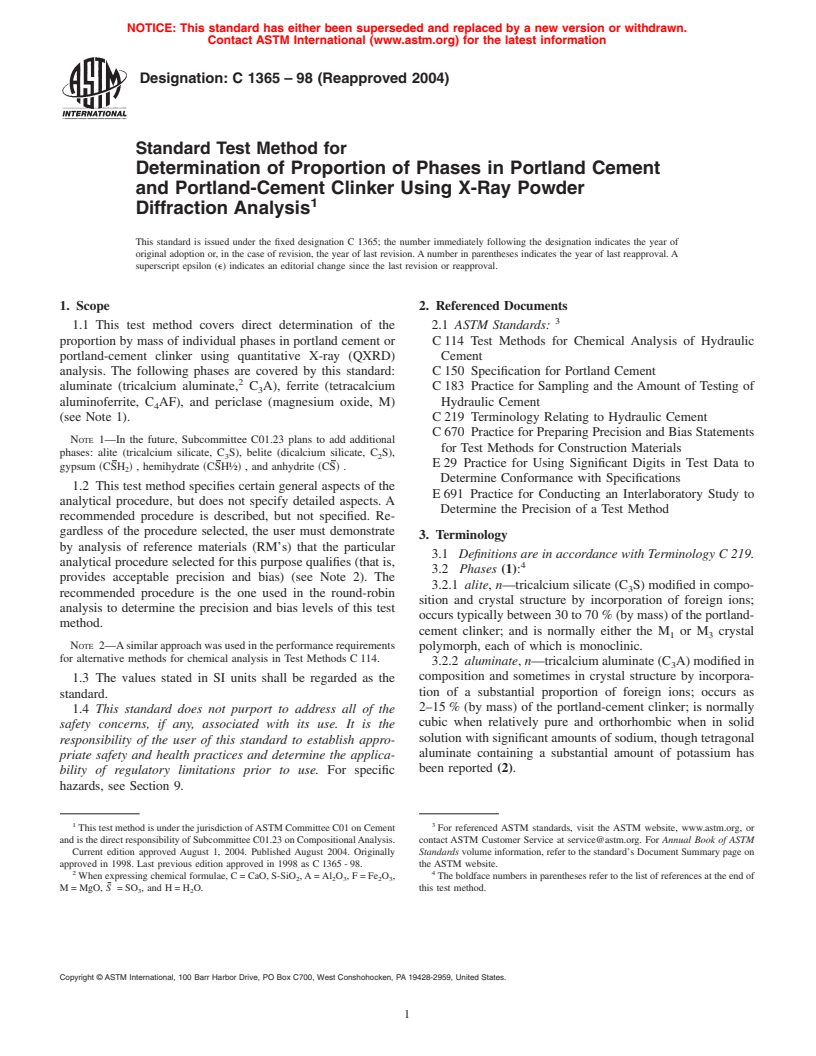 ASTM C1365-98(2004) - Standard Test Method for Determination of the Proportion of Phases in Portland Cement and Portland-Cement Clinker Using X-Ray Powder Diffraction Analysis