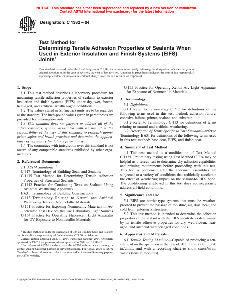 ASTM C1382-04 - Test Method for Determining Tensile Adhesion Properties of Sealants When Used in Exterior Insulation and Finish Systems (EIFS) Joints